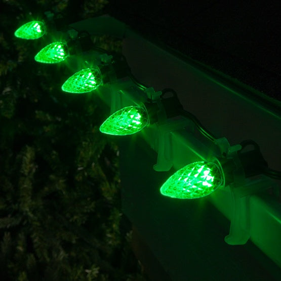 25 Light LED C7 Light Set Green Bulbs on Green Wire, Approx. 16'6" Long