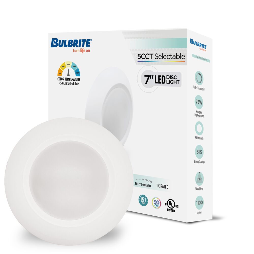 Bulbrite LED 7" Round Disc Light 5CCT White Aluminum with Pigtail JA8, E26 Medium Base, 14-Watt, White Finish, 4-Pack