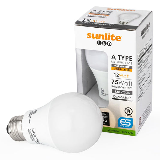 Sunlite A19/LED/12W/30K LED Household 12W (75W Equivalent) Light Bulbs, Medium (E26) Base, 3000K Warm White