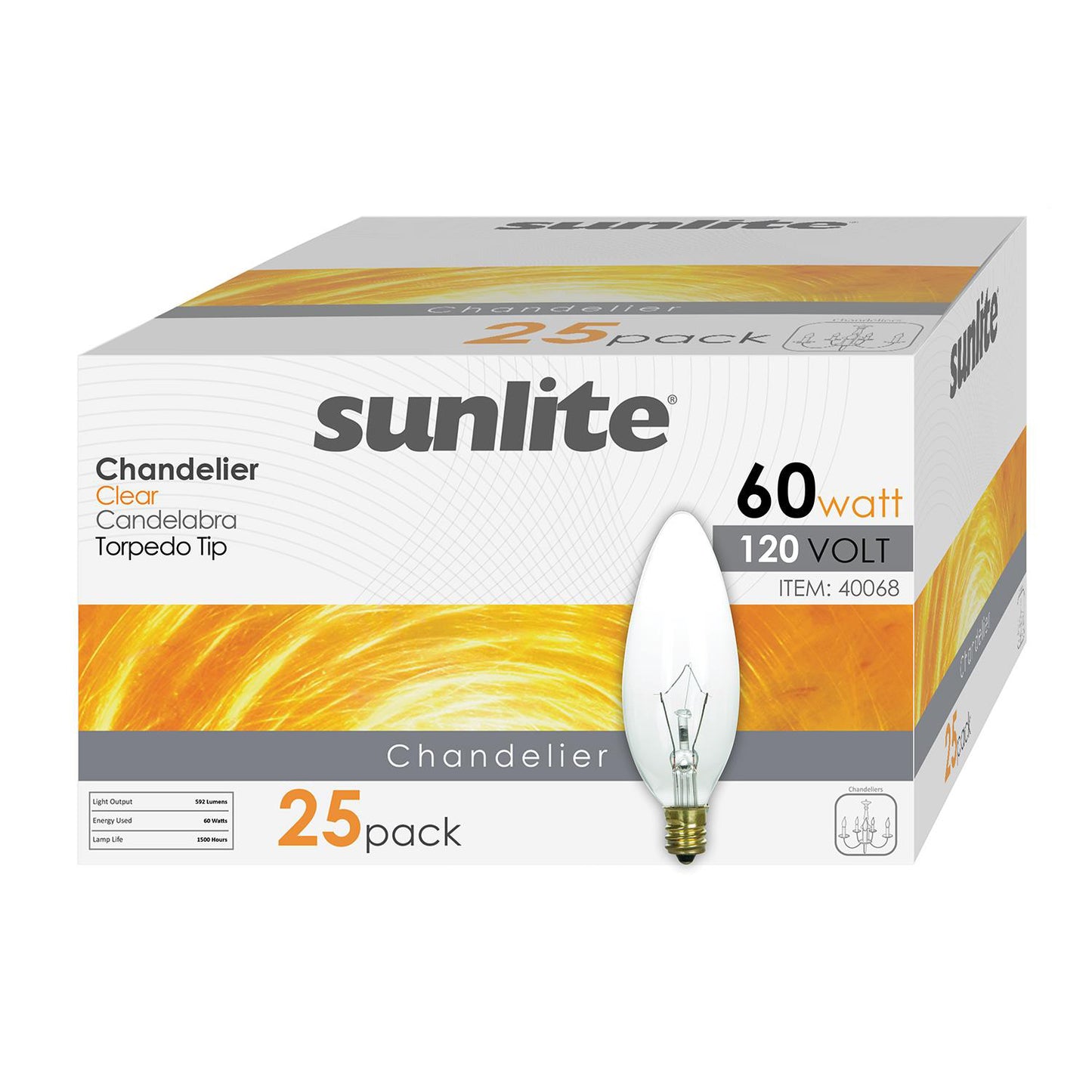 Sunlite 60 Watt Incandescent Chandelier Bulb, Candelabra (E12) Base, Soft White (2600K), Clear, Torpedo Tip, Classic & Beautiful Natural Light Appearance 100 CRI 25 Pack