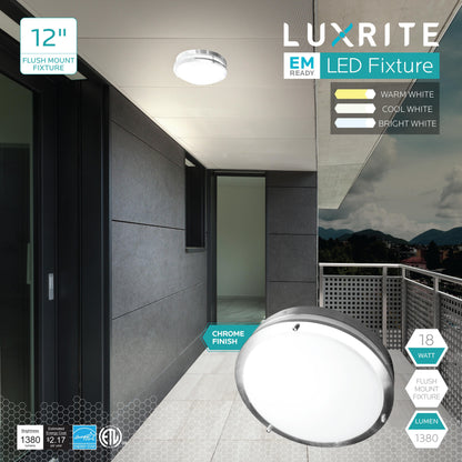 Luxrite Surface Mount LED12"FLUSH/CHROME/40K/EMR  Cool White