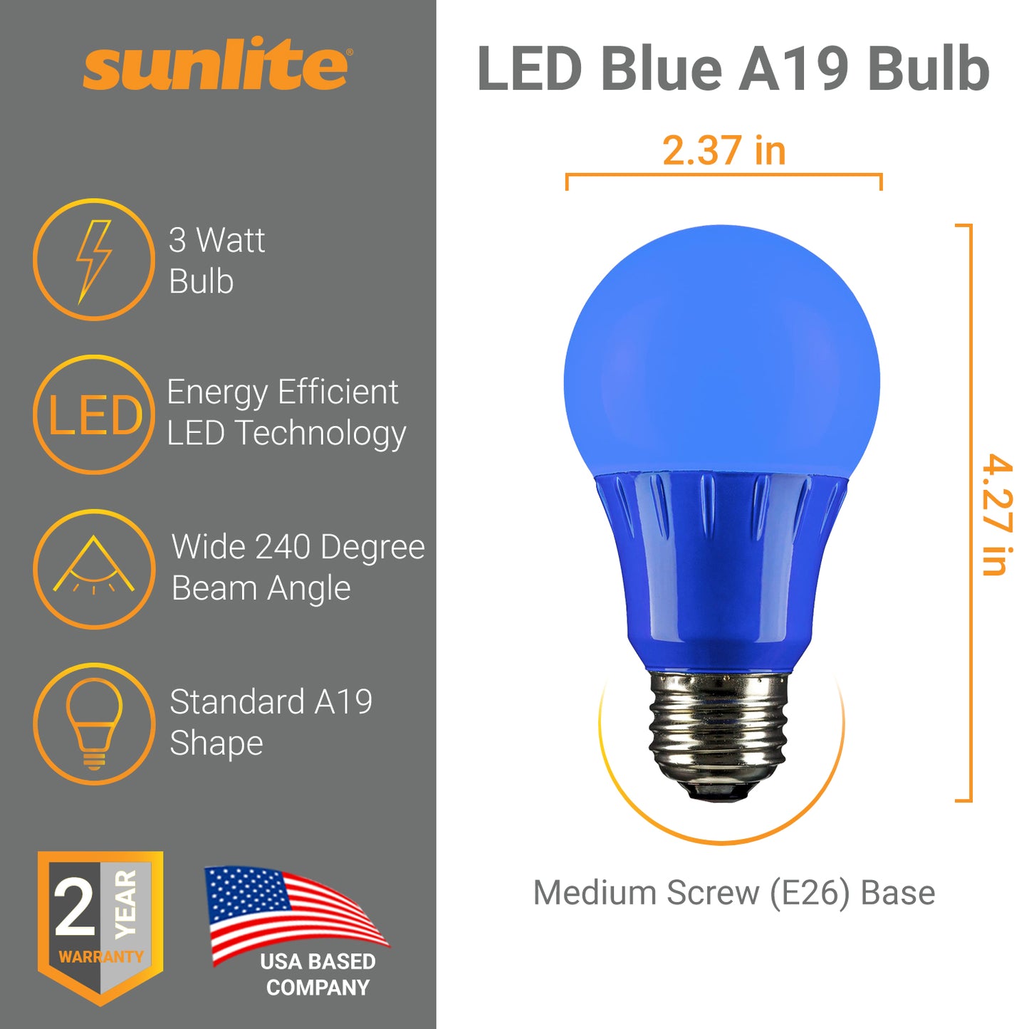 Sunlite LED A Type Colored 3W Light Bulb Medium (E26) Base, Blue