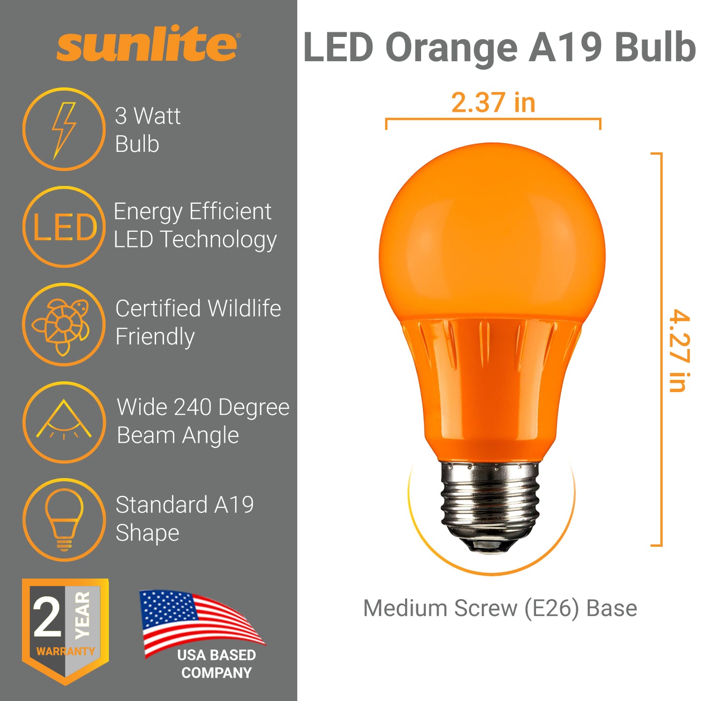 Sunlite LED A Type Colored 3W Light Bulb Medium (E26) Base, Orange