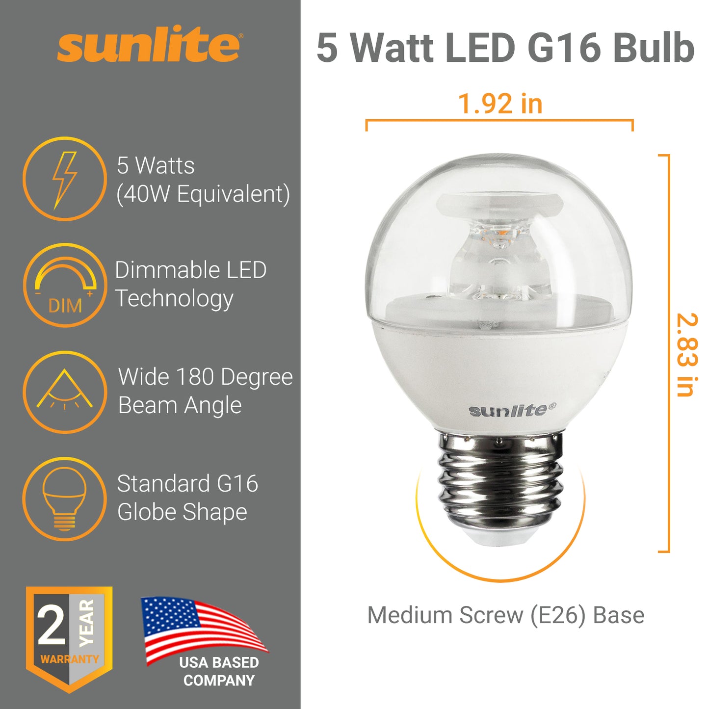 Sunlite LED G16 Globe 5W (40W Equivalent) Light Bulb Medium (E26) Base, Warm White