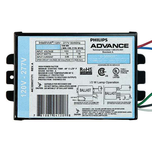 Advance IMH-70-D-LF - 70 Watt - Electronic Metal Halide Ballast ANSI M98, M139 or M143 - 120-277 Volt - Power Factor 90% - Max. Temp Rating 185 Deg. F - Side Leads With Mounting Feet