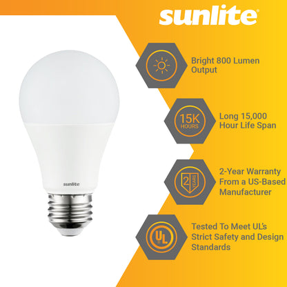 3 Pack Sunlite A19 LED Bulbs, 9 Watt (60 Watt Equivalent), 800 Lumens, Medium (E26) Base, 6500K Daylight, UL Listed