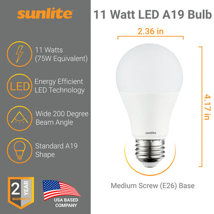 3 Pack Sunlite A19 LED Bulbs, 11 Watt (75 Watt Equivalent), 1100 Lumens, Medium (E26) Base, 6500K Daylight, UL Listed