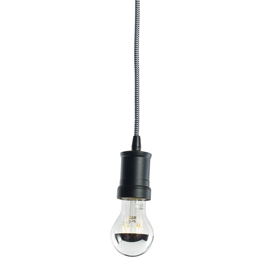 BULBRITE FIXTURES DIRECT WIRE PENDANT KIT CONTEMPORARY BLACK SOCKET WITH CHEVRON CORD AND LED A19 MEDIUM SCREW (E26) 5W FULLY COMPATIBLE DIMMING FILAMENT HALF MIRROR LIGHT BULB 2700K/WARM WHITE 40W INCANDESCENT EQUIVALENT 1PK (810085)