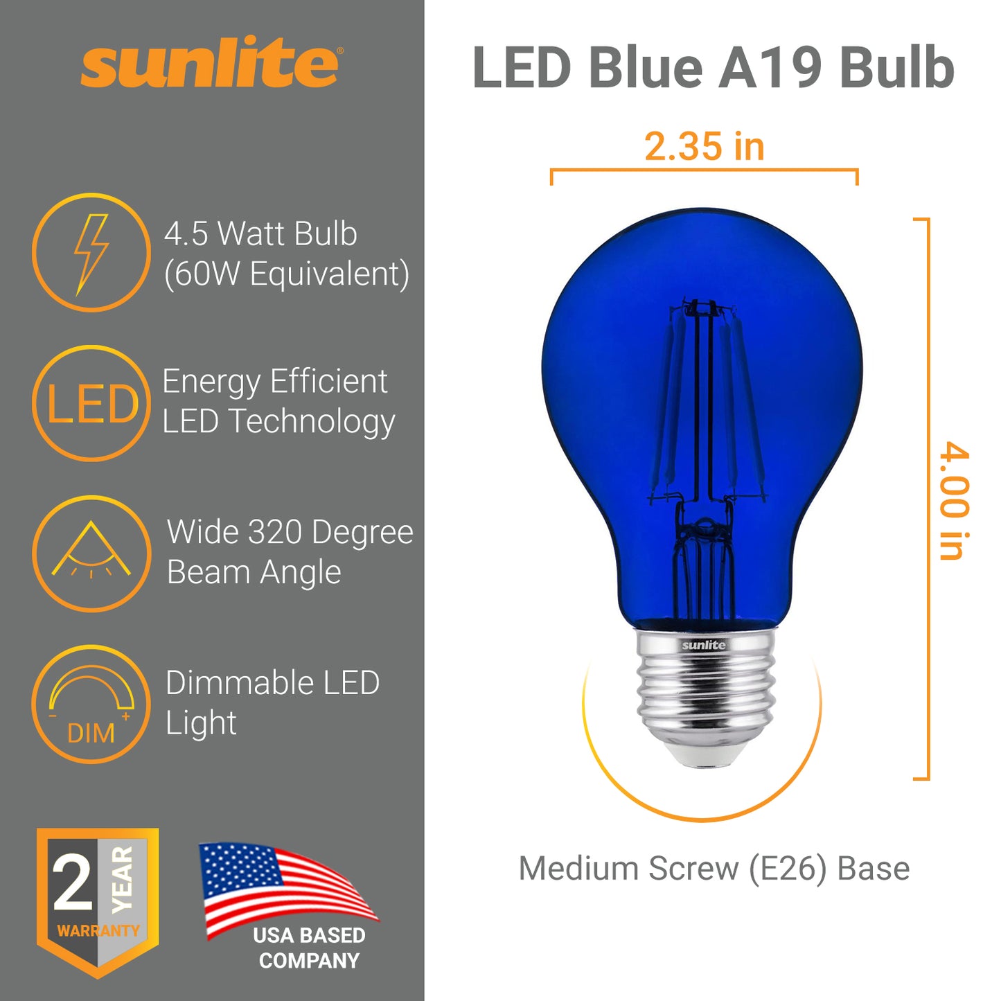 2-Pack Sunlite LED Transparent Blue A19 Filament Bulbs, 4.5 Watts, Dimmable, UL Listed
