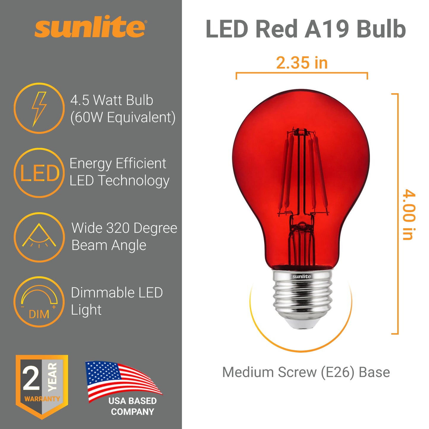 2-Pack Sunlite LED Transparent Red A19 Filament Bulbs, 4.5 Watts, Dimmable, UL Listed