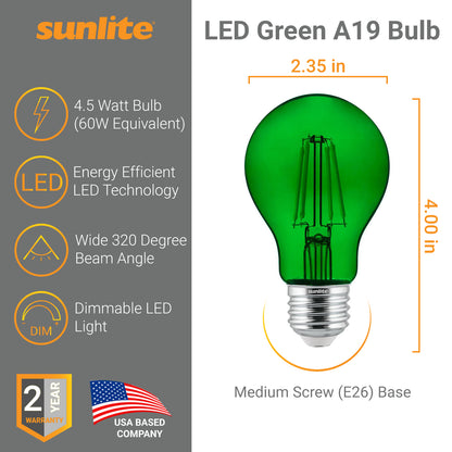2-Pack Sunlite LED Transparent Green A19 Filament Bulbs, 4.5 Watts, Dimmable, UL Listed