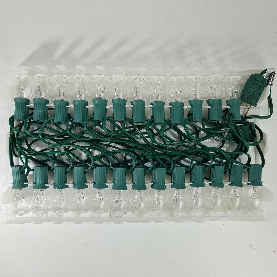 Clear Finish Christmas Light String Set, C9 Shape, 12 Foot, Intermediate Base, Green Wire, 25 String Light with 12" Spacing Between Lights