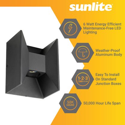 Sunlite LED Outdoor Wallwasher Fixture, Up and Down Light, 6 Watts, 120 Volts, Dimmable, 300 Lumens, Matte Black Finish with Clear Glass Lens, 50,000 Hour Life Span, ETL Listed, For Residential and Commercial Installations, 3000K Warm White