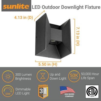 Sunlite LED Outdoor Wallwasher Fixture, Up and Down Light, 6 Watts, 120 Volts, Dimmable, 300 Lumens, Matte Black Finish with Clear Glass Lens, 50,000 Hour Life Span, ETL Listed, For Residential and Commercial Installations, 3000K Warm White