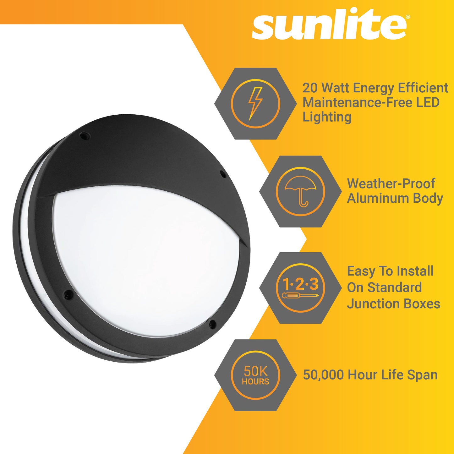 Sunlite 11" Round LED Decorative Outdoor Wall Fixture, 20 Watt, 120 Volt, Dimmable, 1000 Lumens, Wall Mount, Textured Black Finish, White Acrylic Lens, 50,000 Hour Life Span, ETL Listed, 3000K Warm White