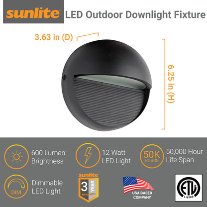 Sunlite LED Outdoor Decorative Downlight Fixture, 12 Watts, 120 Volts, Dimmable, 600 Lumens, 50,000 Hour Life Span, Weatherproof Aluminum, Textured Black Finish, ETL Listed, 30K - Warm White