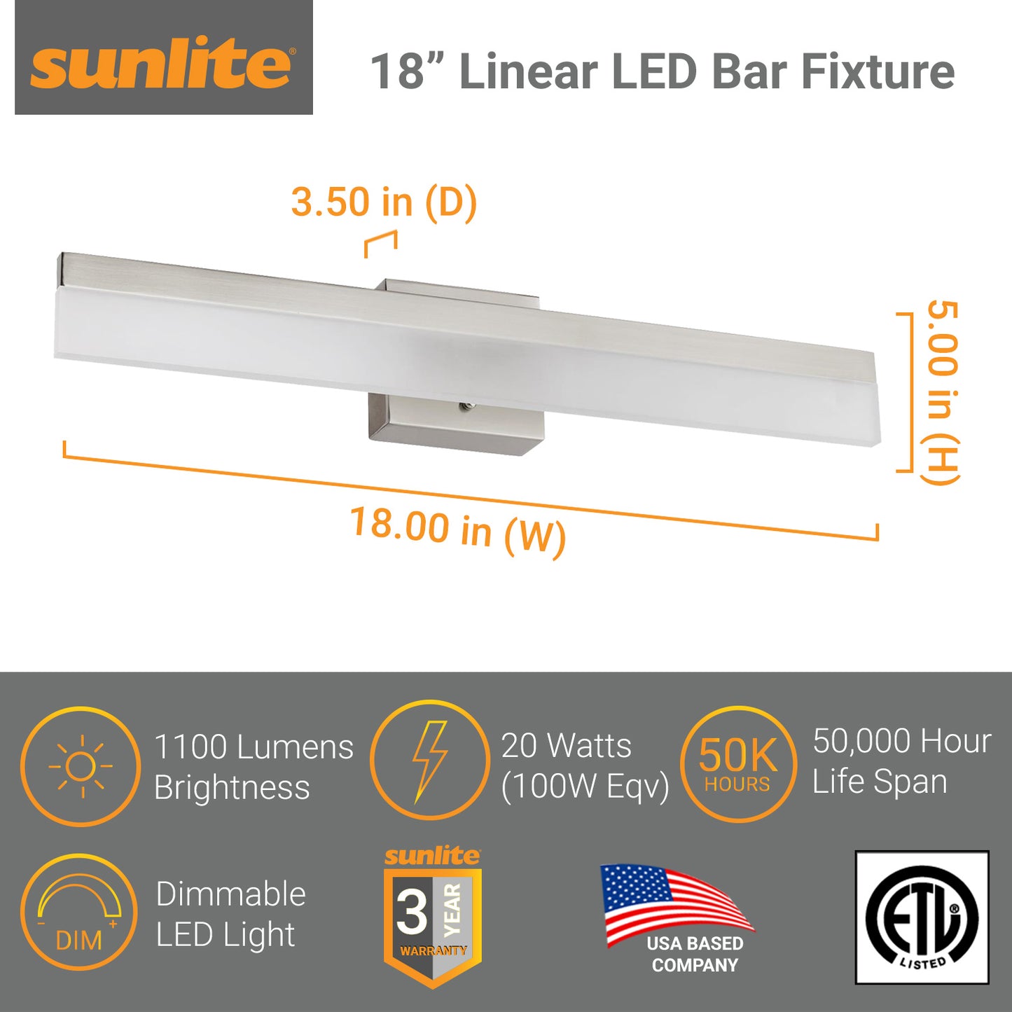 Sunlite 18" LED Linear Bar Vanity Fixture, 20 Watts (100W Equivalent), 120 Volts, Dimmable, 1100 Lumens, 50,000 Hour Life Span, Brushed Nickel Finish with Frosted Acrylic Shade, ETL Listed, 3000K Warm White