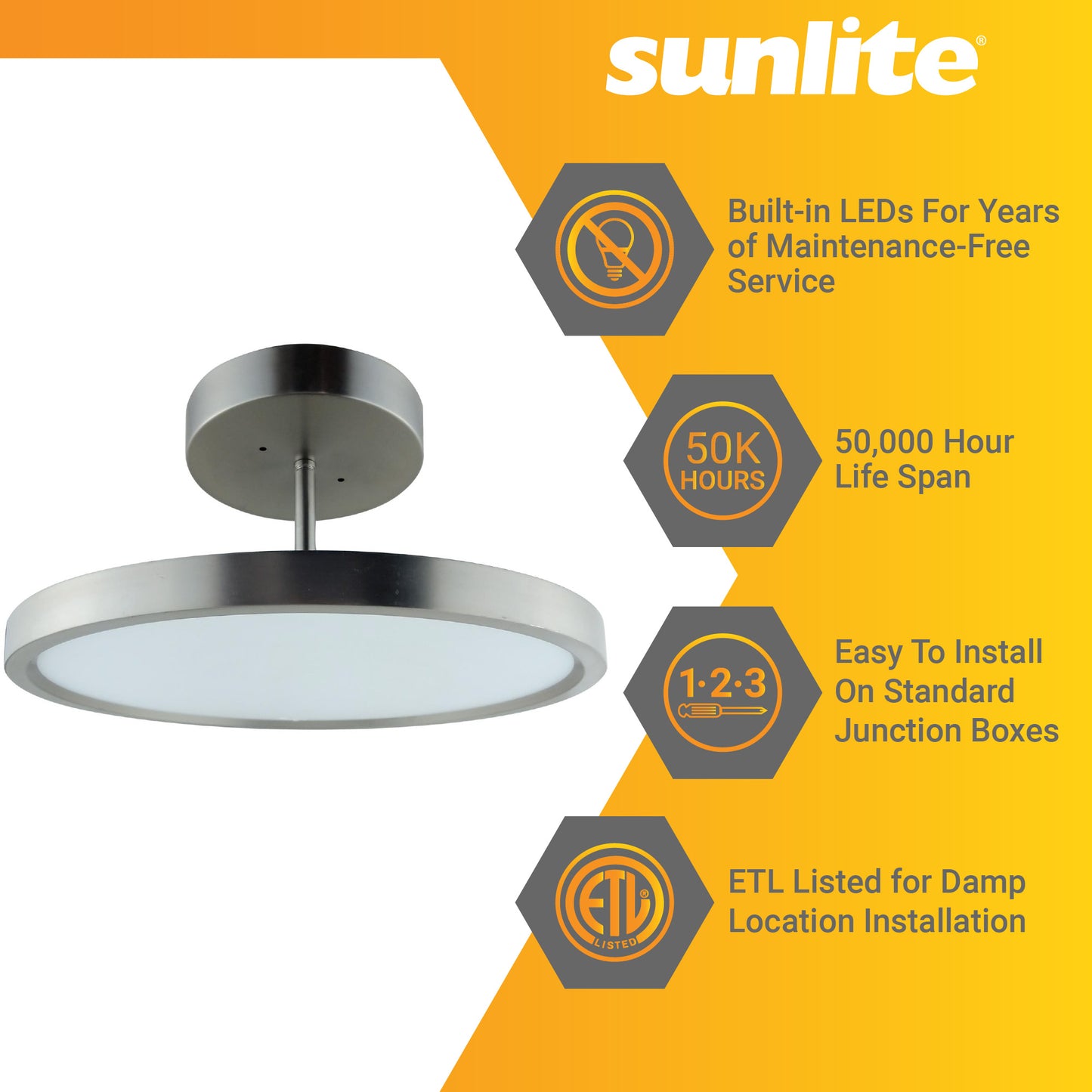 Sunlite 15-Inch LED Semi Flush Ceiling Fixture, 30 Watts, 120 Volts, 1950 Lumen, Dimmable, Brushed Nickel Finish, 50,000 Hour Life Span, ETL Listed, 3000K - Warm White