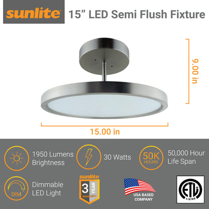 Sunlite 15-Inch LED Semi Flush Ceiling Fixture, 30 Watts, 120 Volts, 1950 Lumen, Dimmable, Brushed Nickel Finish, 50,000 Hour Life Span, ETL Listed, 3000K - Warm White