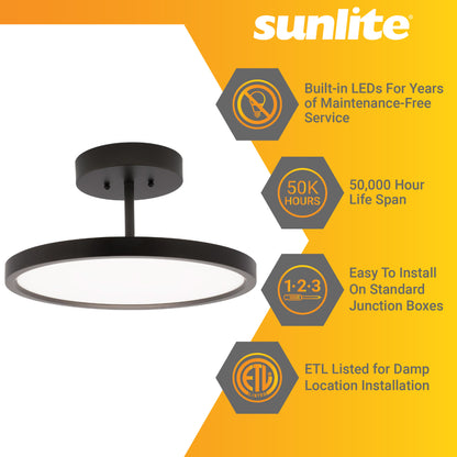 Sunlite 15-Inch LED Semi Flush Ceiling Fixture, 30 Watts, 120 Volts, 1950 Lumen, Dimmable, Oil Rubbed Bronze Finish, 50,000 Hour Life Span, ETL Listed, 3000K - Warm White