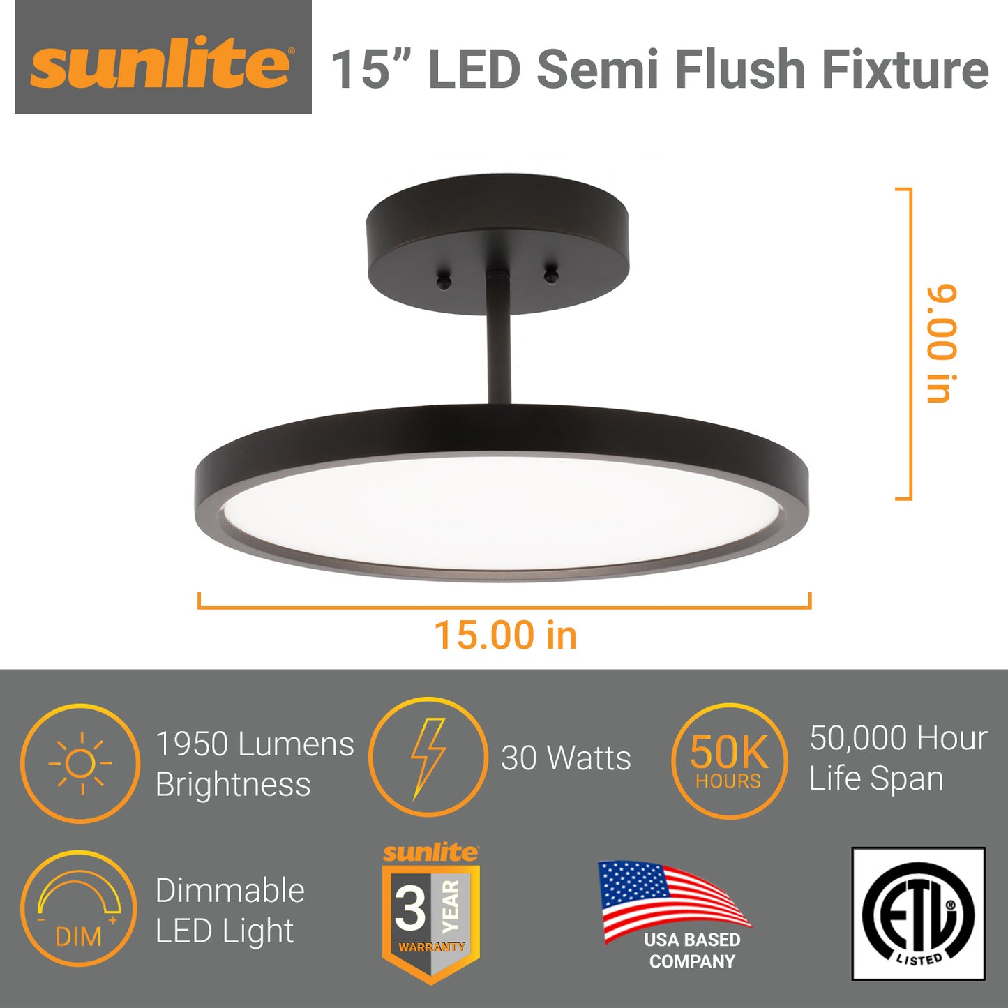 Sunlite 15-Inch LED Semi Flush Ceiling Fixture, 30 Watts, 120 Volts, 1950 Lumen, Dimmable, Oil Rubbed Bronze Finish, 50,000 Hour Life Span, ETL Listed, 3000K - Warm White