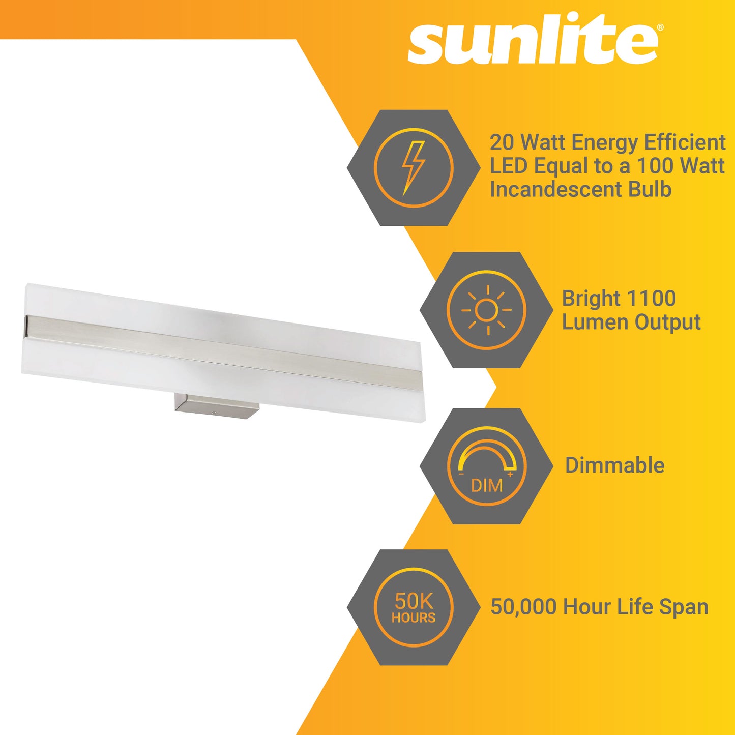 Sunlite 18" LED Linear Bar Vanity Fixture, 20 Watts (100W Equivalent), 120 Volts, Dimmable, 1100 Lumens, 50,000 Hour Life Span, Brushed Nickel Finish with Frosted Acrylic Shade, ETL Listed, 3000K Warm White