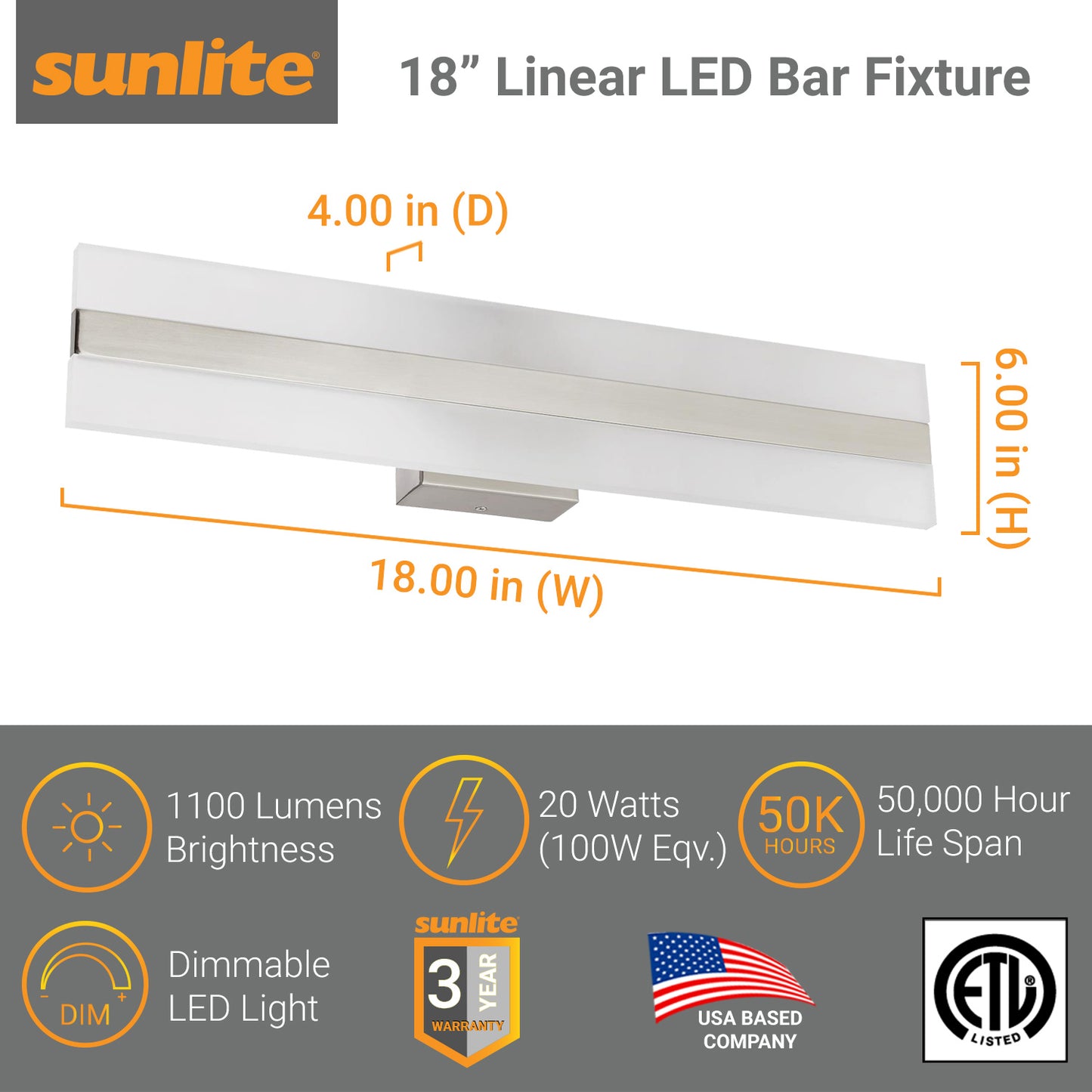 Sunlite 18" LED Linear Bar Vanity Fixture, 20 Watts (100W Equivalent), 120 Volts, Dimmable, 1100 Lumens, 50,000 Hour Life Span, Brushed Nickel Finish with Frosted Acrylic Shade, ETL Listed, 3000K Warm White