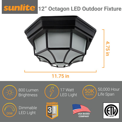 Sunlite 12" Octagon LED Decorative Outdoor Fixture, 17 Watts, 120 Volts, Dimmable, 800 Lumens, Matte Black Finish with Frosted Glass Lens, For Porches, Entryways, ETL Listed for Wet Location, 3000K Warm White