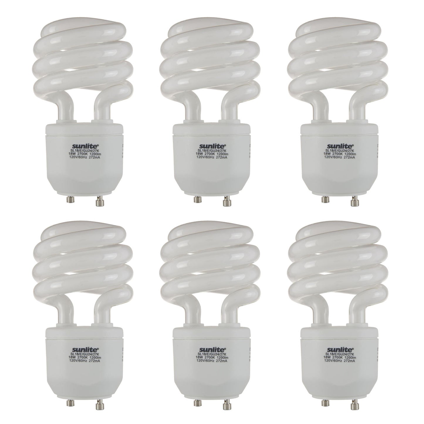 Sunlite Compact Fluorescent T2 Spiral, Standard Household Energy Saving CFL Light Bulb, 18 Watt, GU24 Base, 27K - Warm White, 6 Pack