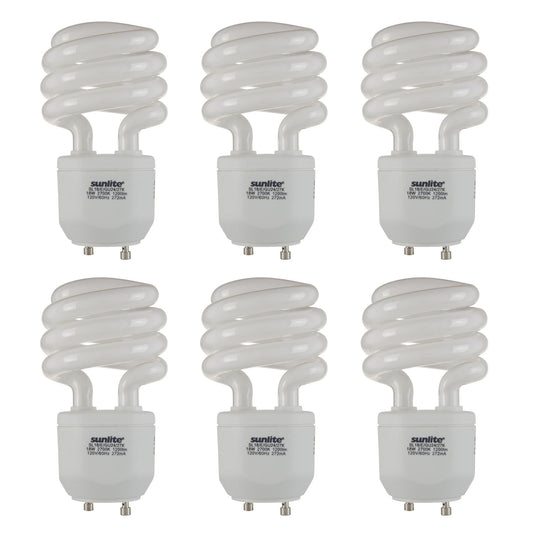 Sunlite Compact Fluorescent T2 Spiral, Standard Household Energy Saving CFL Light Bulb, 18 Watt, GU24 Base, 27K - Warm White, 6 Pack