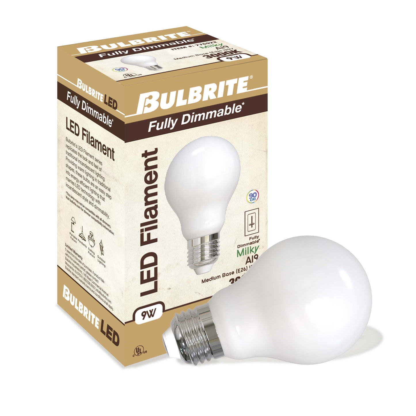 BULBRITE 9W LED A19 3000K FILAMENT MILKY E26 FULLY COMPATIBLE DIMMING-4PK