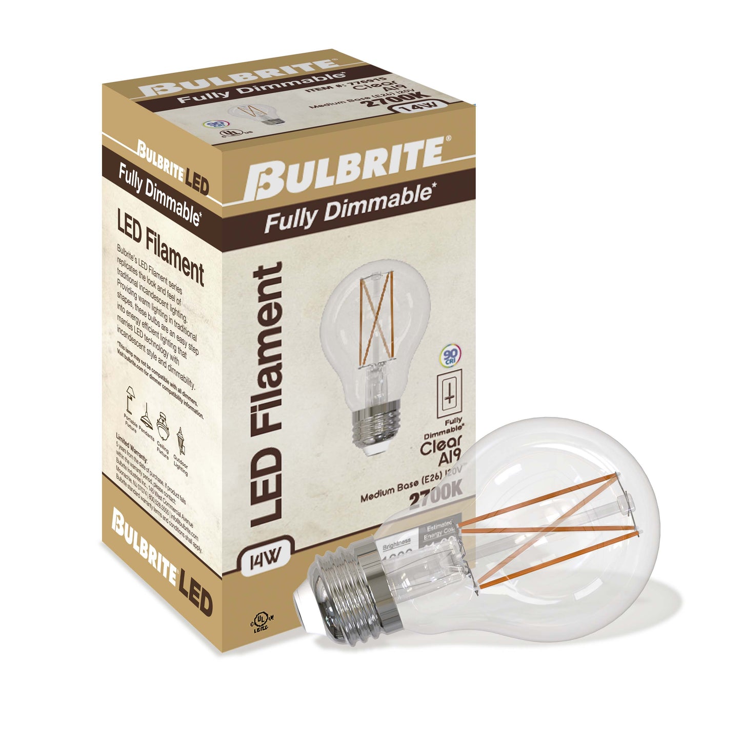 BULBRITE 14W LED A19 2700K FILAMENT CLEAR E26 FULLY COMPATIBLE DIMMING-4PK