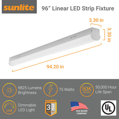 Sunlite 96-Inch Linear LED Strip Fixture, 75 Watts, 120-277 Volts, Dimmable, 9825 Lumens, 50,000 Hour Life Span, UL Listed, DLC Listed, Commercial or Residential Use, 4000K Cool White