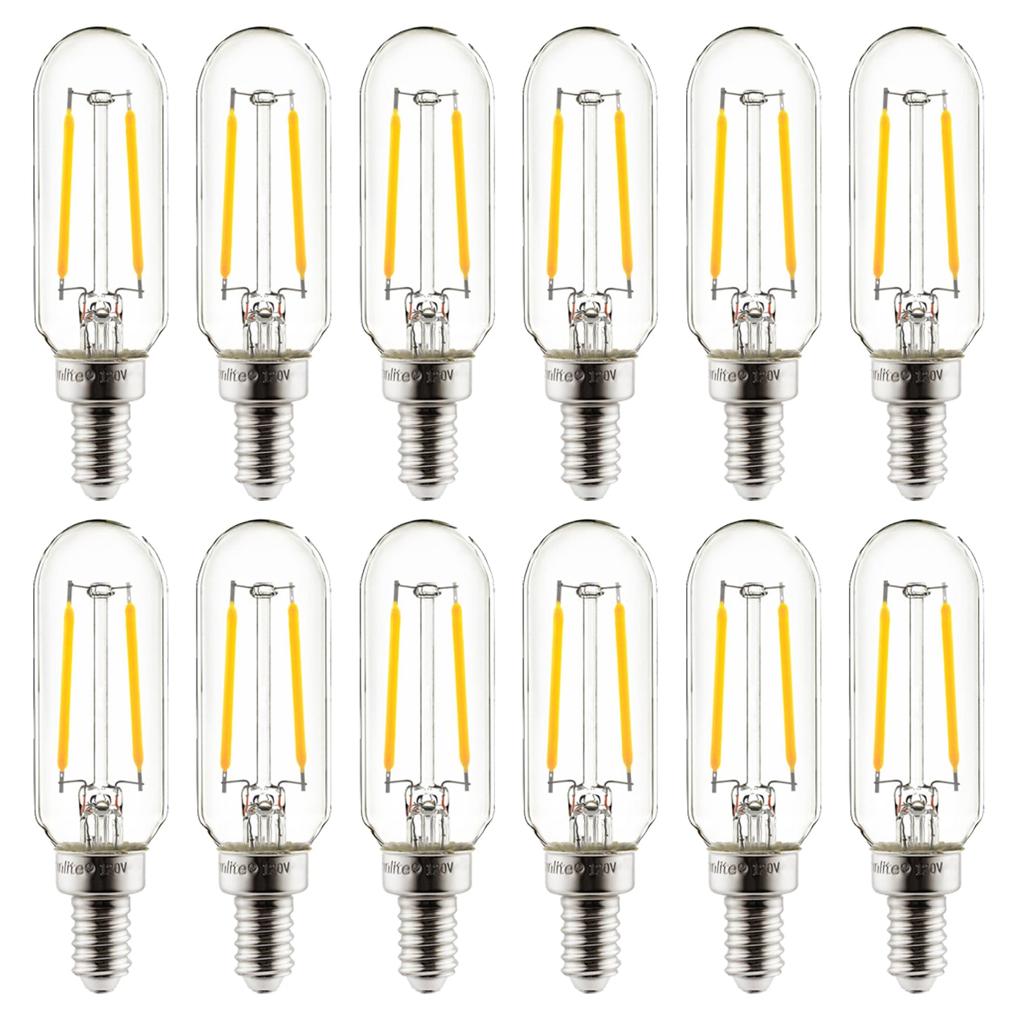 Sunlite 41344 LED Filament T8 Tubular Light Bulb, 2 Watts (25W Equivalent), Candelabra E12 Base, Dimmable, 85 mm, UL Listed, 130 Lumens, 2700K Warm White, 12 Pack