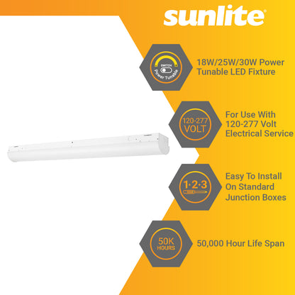 Sunlite 48" Linear Tunable LED Strip Fixture, 18/25/30 Watts, 35K/40K/50K Color Temperature, 120-277 Volts, Dimmable, Up to 3900 Lumens, 50,000 Hour Life Span, UL Listed, DLC Listed, White Finish