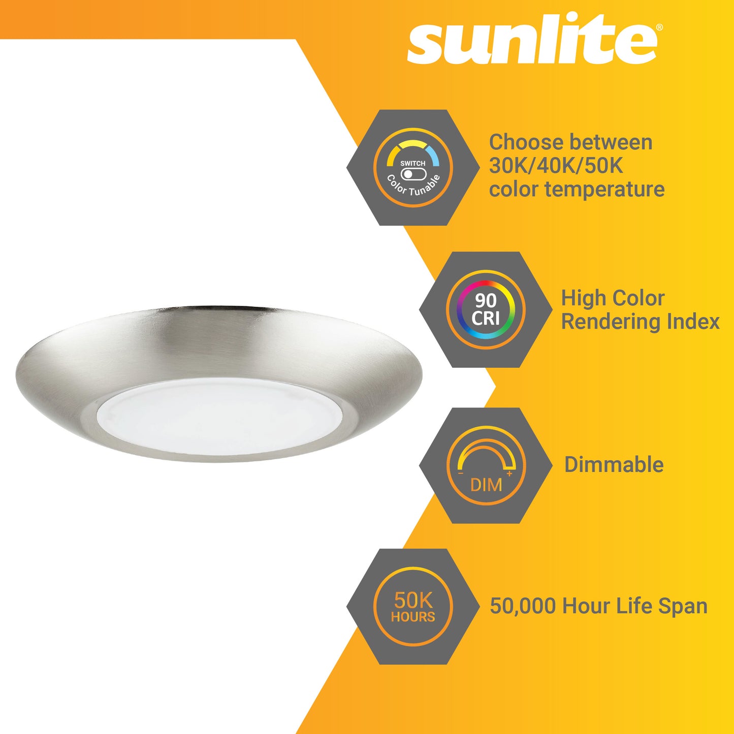 Sunlite 6-Inch Round LED Mini Flat Panel Fixture, 15 Watts (60W Equivalent), 120 Volts, Color Tunable (30K/40K/50K), 800 Lumens, Dimmable, 50,000 Hour Life Span, ETL Listed, Brushed Nickel Finish