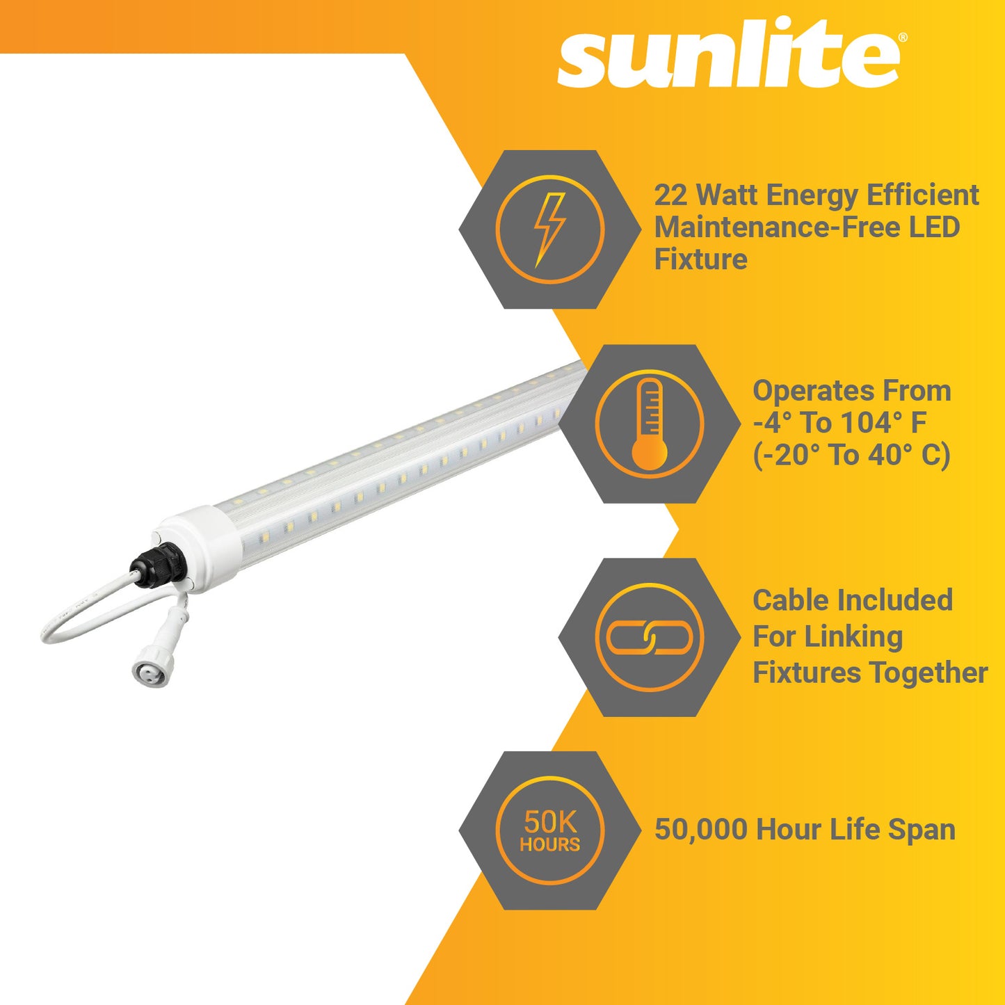 Sunlite 88184-SU 5-Foot LED Refrigerator Light Fixture, 22 Watts, 2500 Lumen, Coolers, Freezers, Display Cases, IP65, UL Listed, DLC Listed, 50K - Super White