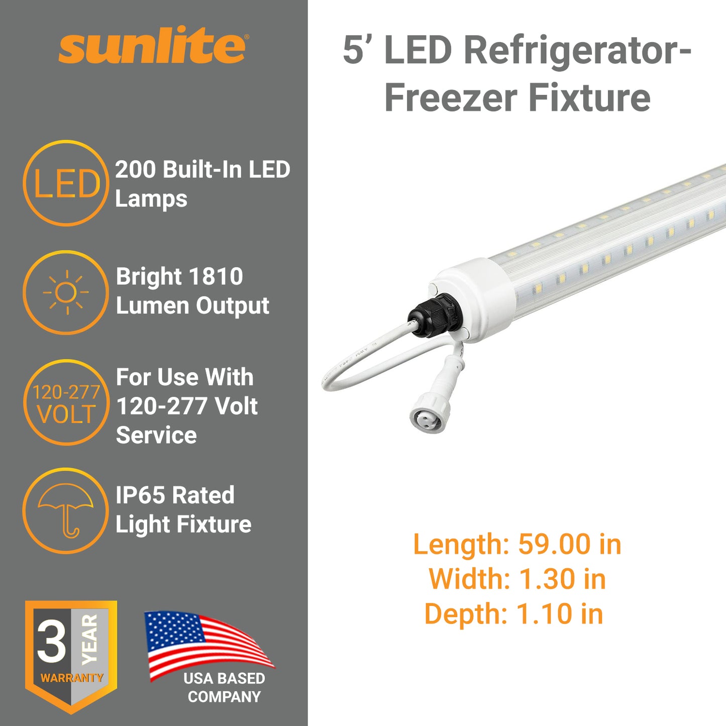 Sunlite 88184-SU 5-Foot LED Refrigerator Light Fixture, 22 Watts, 2500 Lumen, Coolers, Freezers, Display Cases, IP65, UL Listed, DLC Listed, 50K - Super White