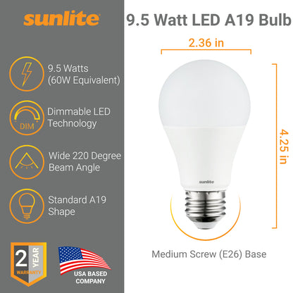 Sunlite 88390-SU LED A19 Light Bulb, 9.5  Watts (60W Equivalent), Medium Base (E26), Dimmable, 800 Lumens, UL Listed, Energy Star, 30K - Warm White 1 Pack