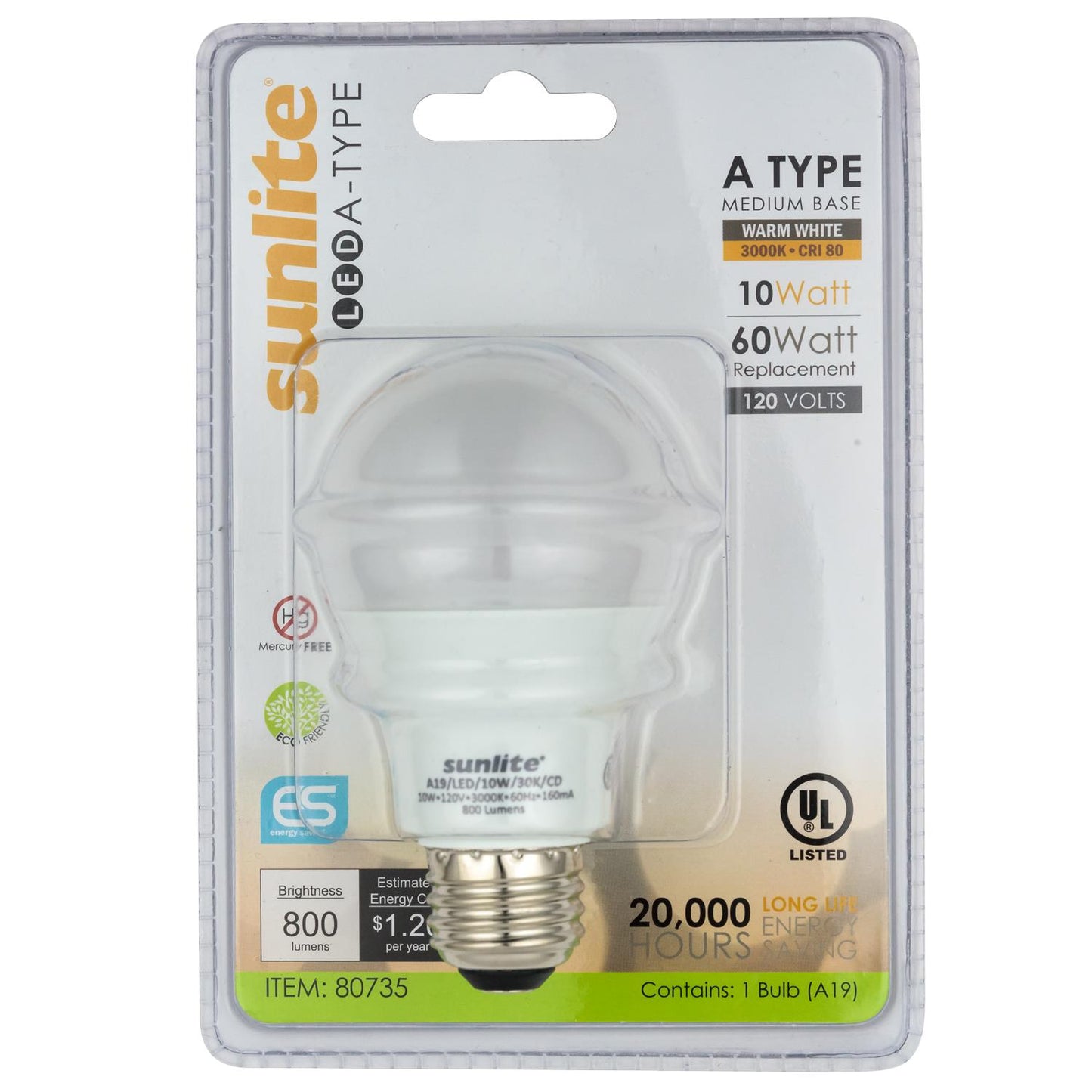 Sunlite LED A Type Household 10W (60W Equivalent) Light Bulb Medium (E26) Base, Warm White