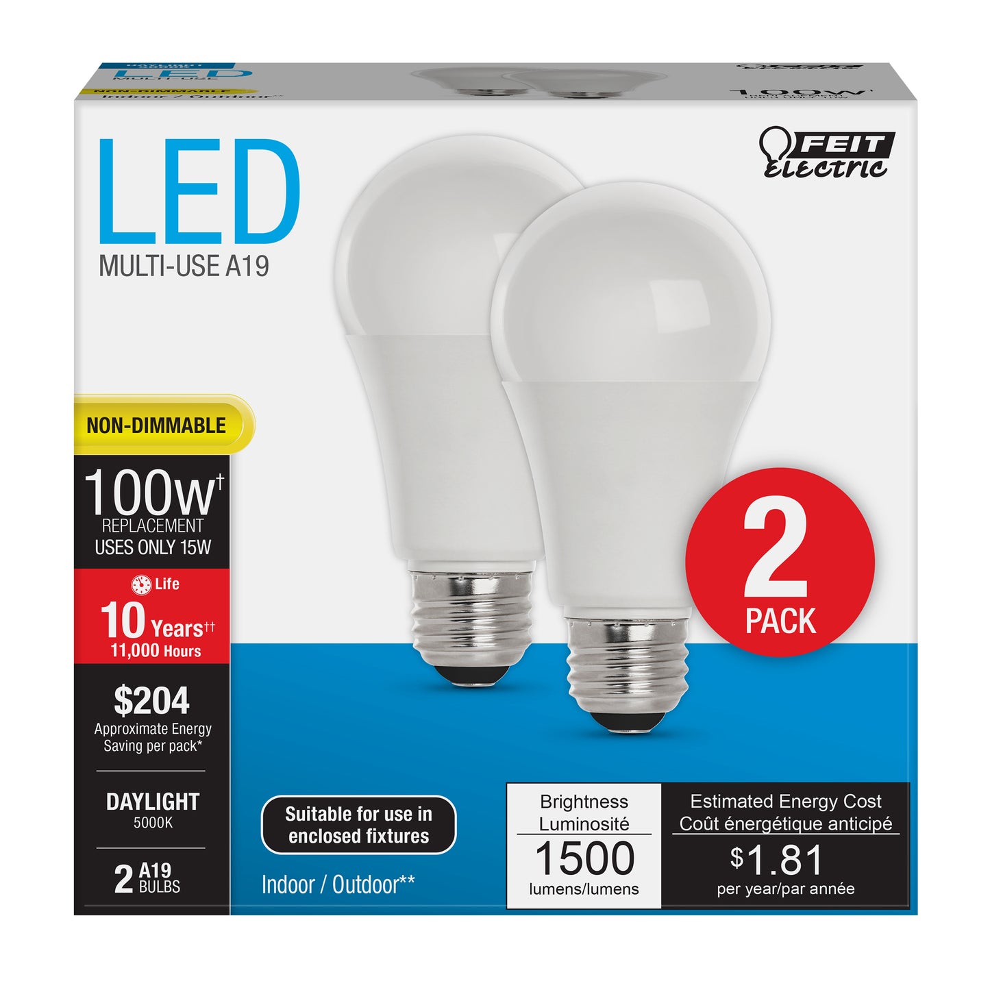 100-Watt Equivalent A19 Daylight General Purpose LED (2-Pack)