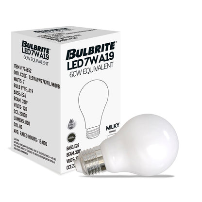 Bulbrite LED Filament Pack of (4) 7 Watt Dimmable A19 Light Bulbs with Milky Finish and Medium (E26) Base - 2700K (Warm White Light), 800 Lumens