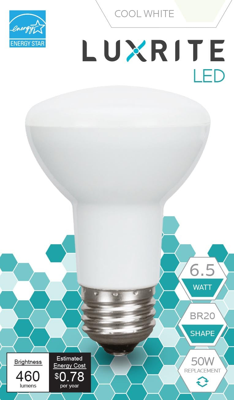 Luxrite LED BR20 Light Bulb, 6.5W, 460 Lumens, 4000K - Cool White, 80 CRI, Frosted White Finish, Dimmable (LR31843)