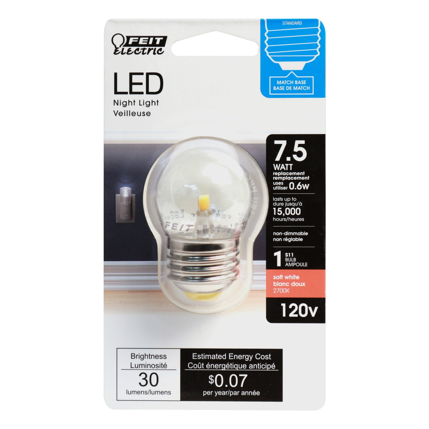 7.5W Equivalent Soft White S11 LED Night Light Bulb