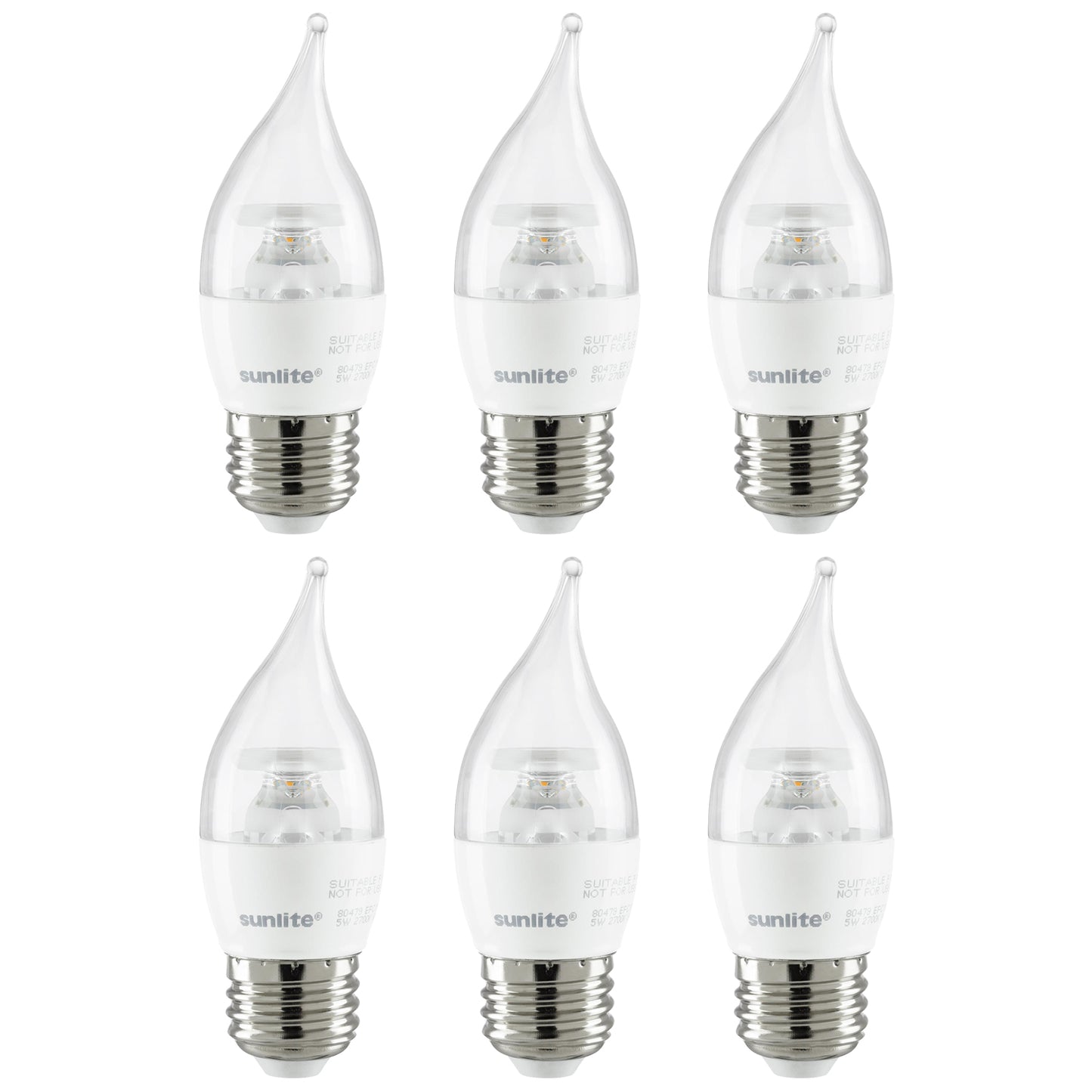 Sunlite EFC/LED/7W/E26/CL/D/ES/27K LED Flame Tip Chandelier 7W (60W Equivalent) Light Bulbs, Medium (E26) Base, 2700K Soft White