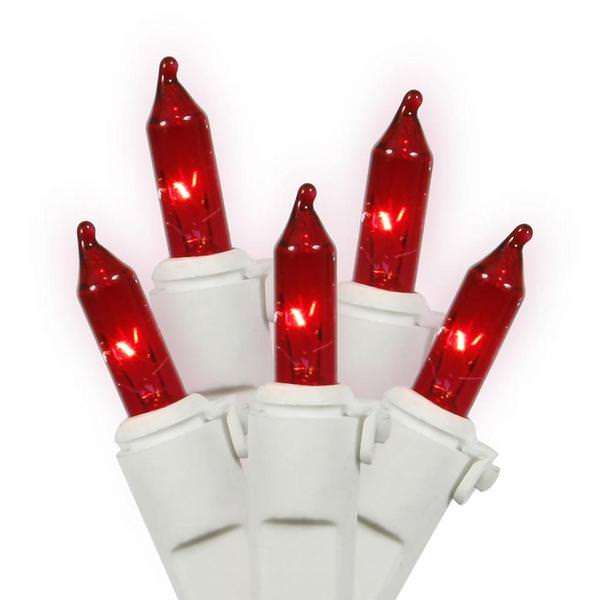 Transparent Red Christmas Tree Mini Lights, 100 Lights, T1 3/4 Shaped, 21 Foot, White Wire, Steady Burning and Flashing