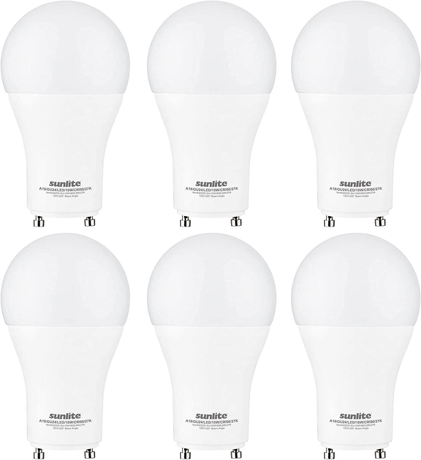 Sunlite 87973 LED A19 Light Bulb, 10 Watts (60W Equivalent), 800 Lumens, GU24 Twist and Lock Base, Dimmable, 90 CRI, UL Listed, Energy Star, Title 20 Compliant, 2700K Warm White, Pack of 6