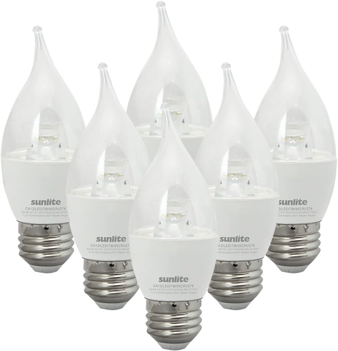 Sunlite 80797 LED CA12 Clear Chandelier Light Bulb, 7 Watts (60W Equivalent), 500 Lumens, Dimmable, Medium E26 Base, Title-20 Compliant, Energy Star, 90 CRI, ETL Listed, 2700K Soft White - 6 Pack