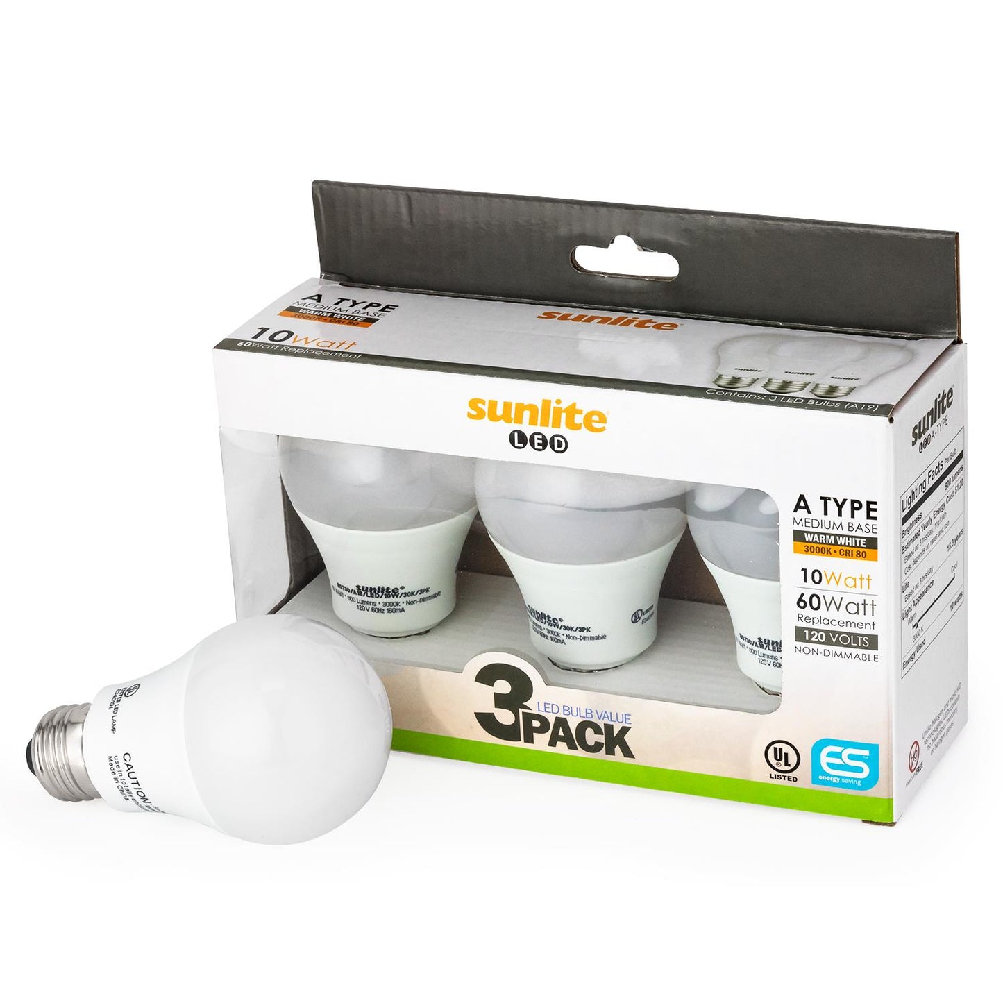 Sunlite A19/LED/10W/30K/3PK LED Household 10W (60W Equivalent) Light Bulbs, Medium (E26) Base, 3000K Warm White, 3 Pack