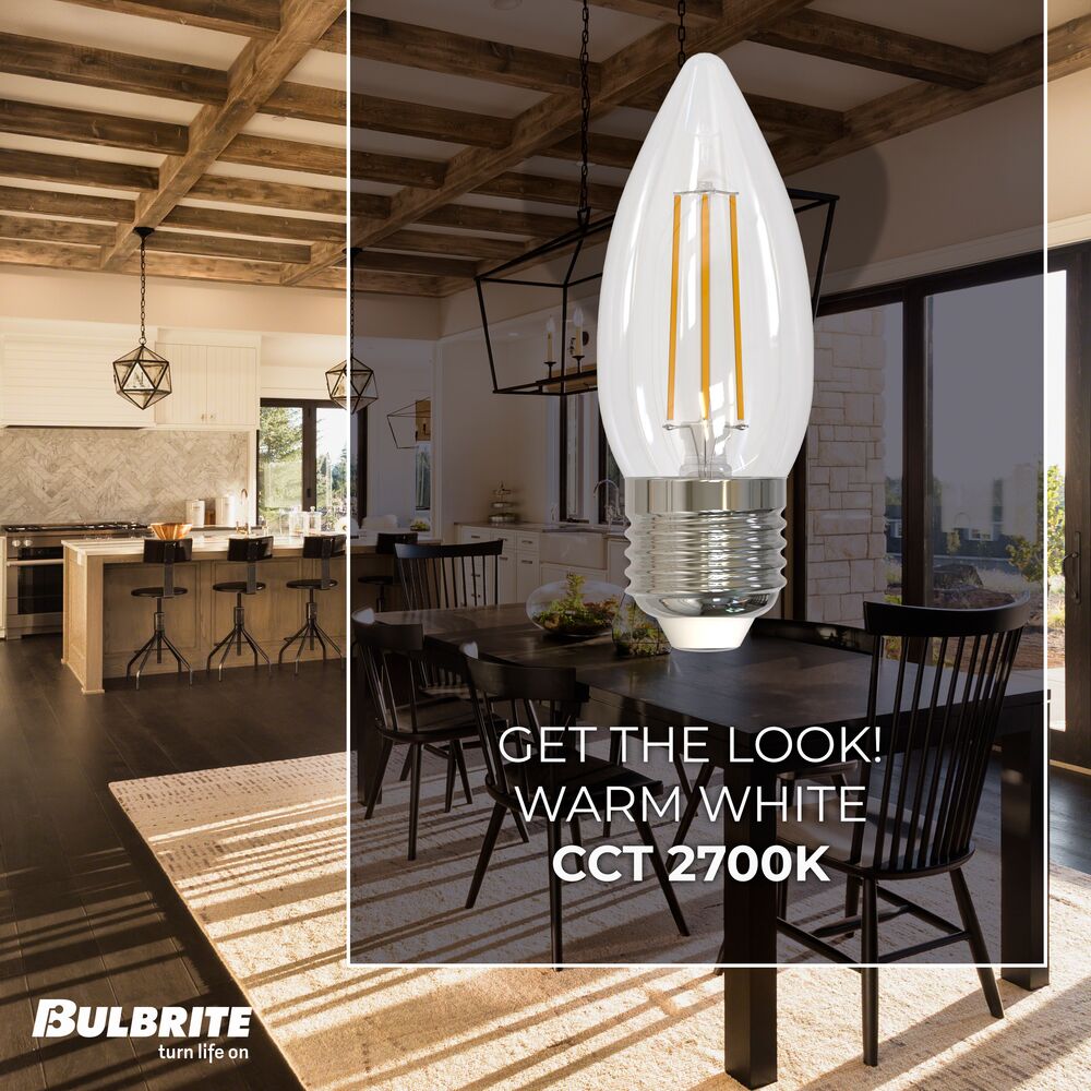 Bulbrite LED Filament Pack of (4) 5.5 Watt Dimmable B11 Light Bulbs with Clear Glass Finish and Medium (E26) Base - 2700K (Warm White Light), 500 Lumens